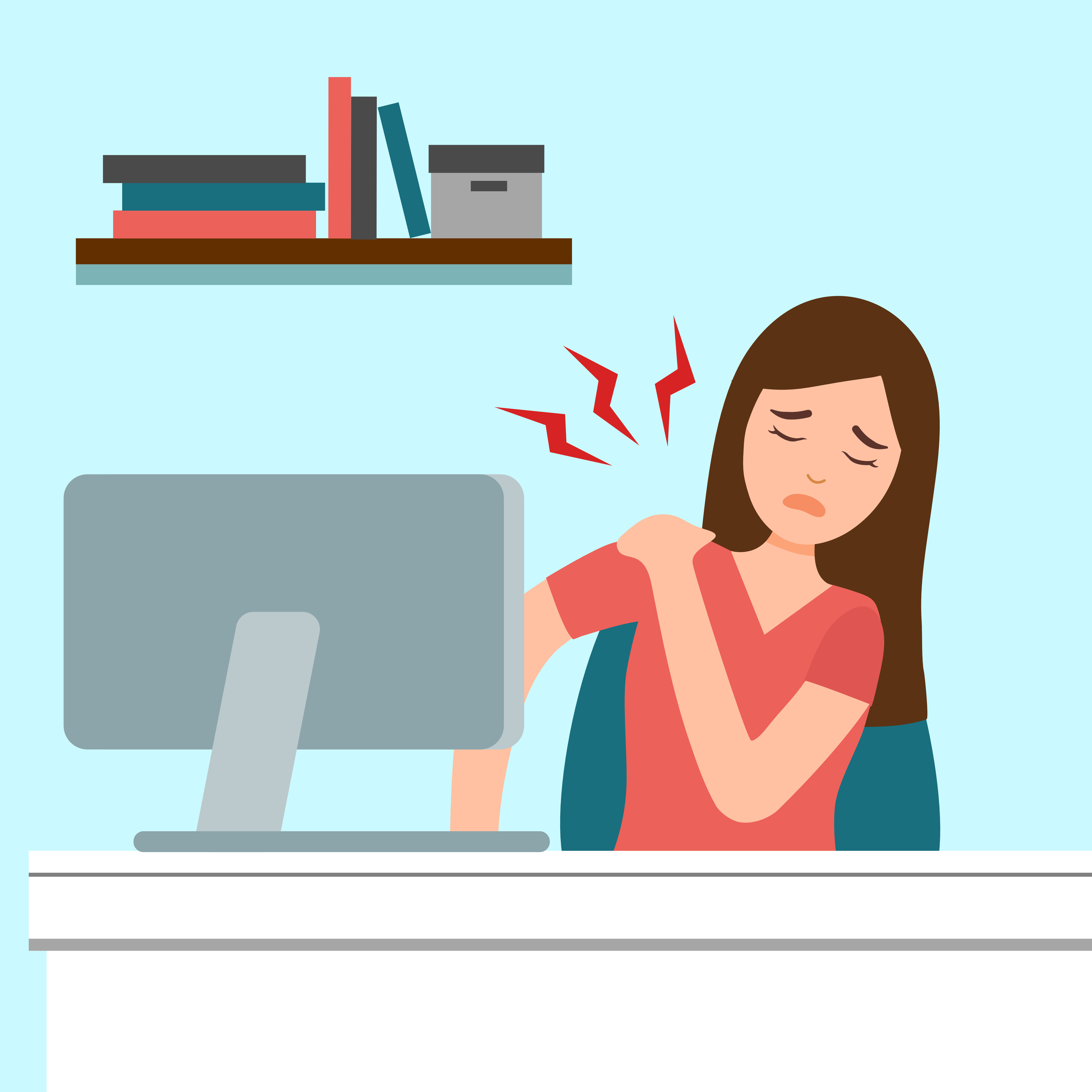 Office syndrome concept vector illustration. Businesswoman has neck and shoulder pain symptom at workplace. Bone or muscle problem.